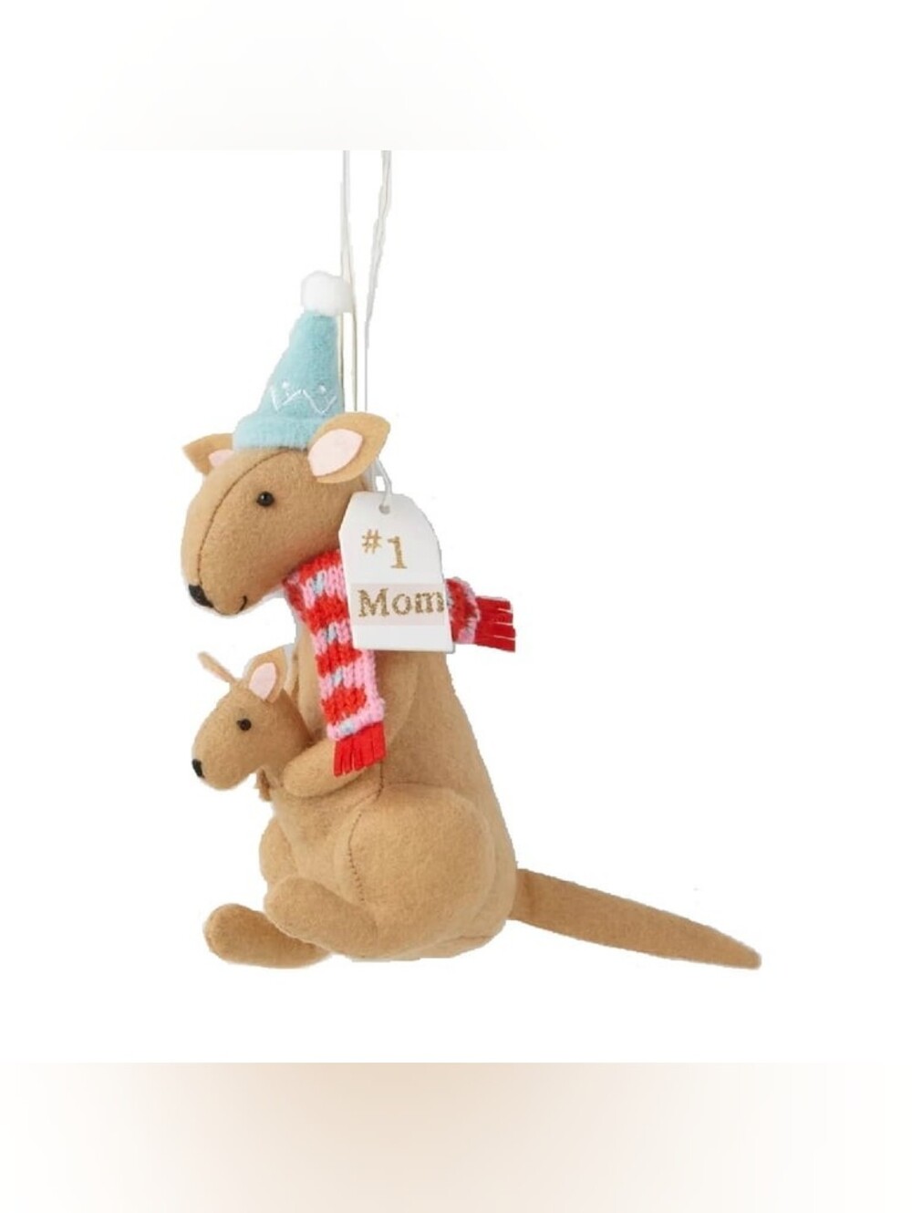 #1 Mom Kangaroo & Joey Holiday Ornament - Tan with Blue Hat and Red Scarf